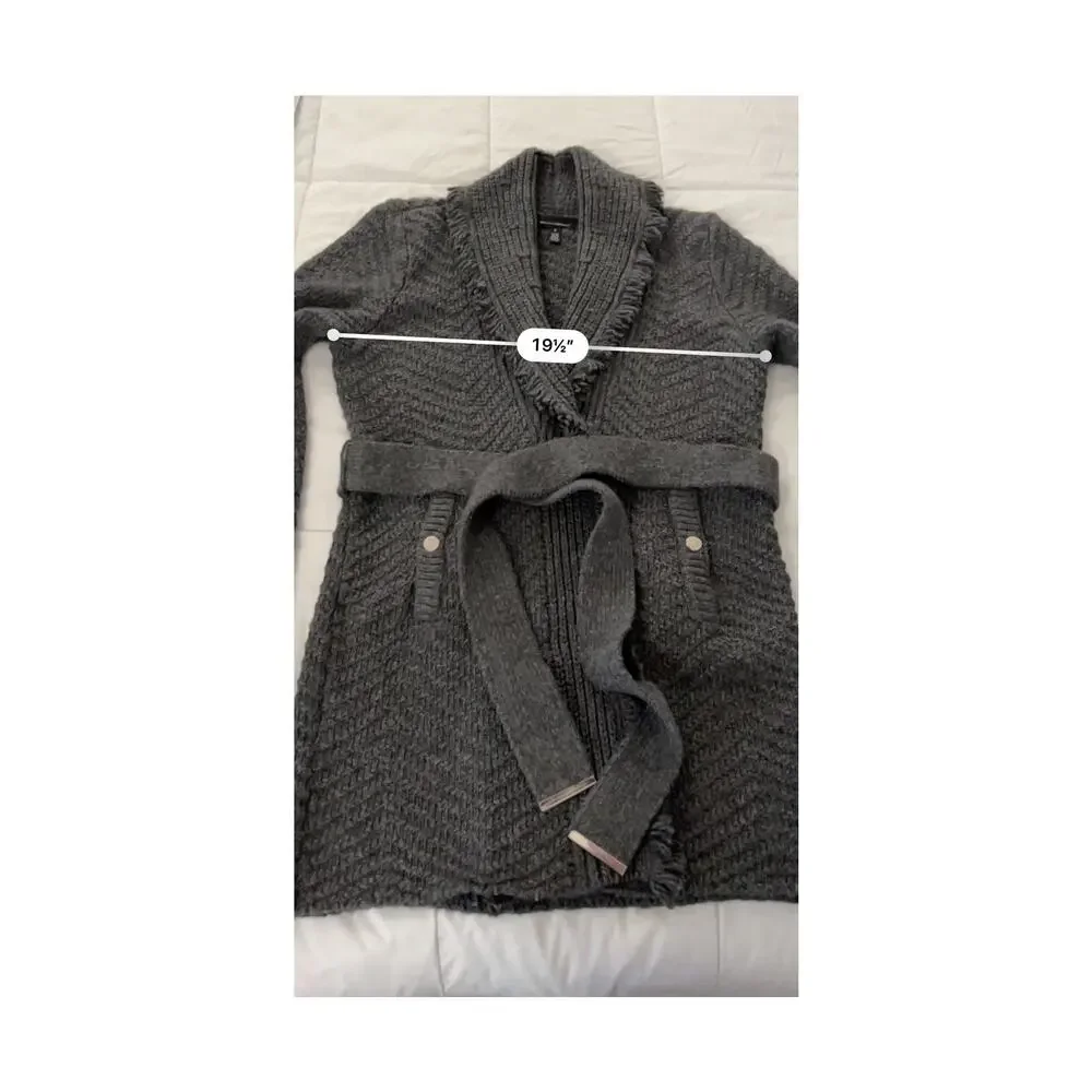 White House Black Market Fringe Shawl Sweater Coat Grey Pockets Belt Sz S